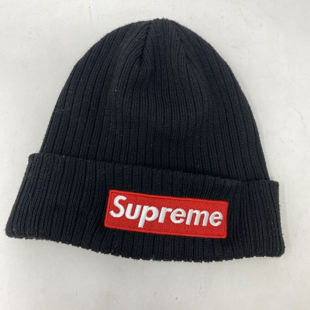 Supreme Red Logo Ribbed Beanie Black New Era MLB Cross
